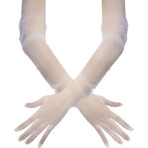 Women's White Evening Tulle Mesh Long Lace Gloves Wedding Party Costume